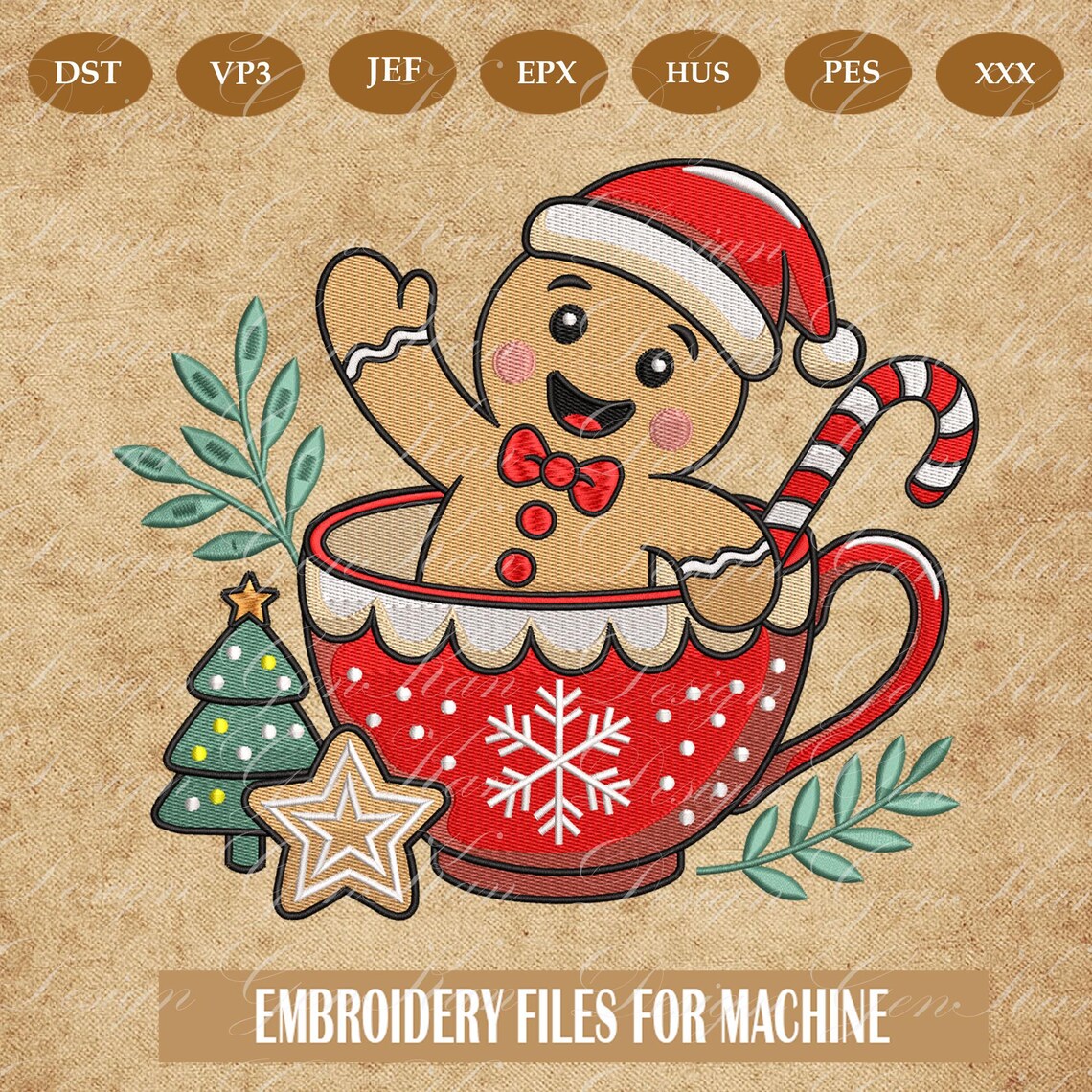 Gingerbread Man Embroidery, Christmas Cup Embroidery Design, Festive