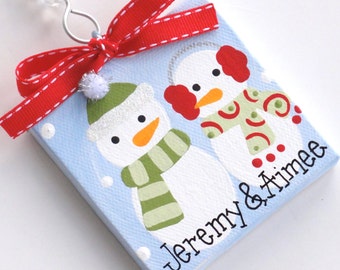 Mini canvas snowman couple ornament