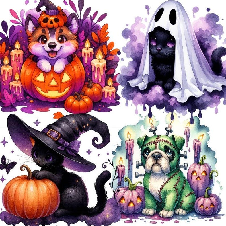 Halloween Pet Clipart Bundle: Spooky Dogs & Cats PNG (digital Download ...