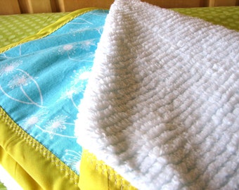 Aqua Dandelion And White Chenille Baby Crib Blanket