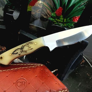 Handgjord Skinner-kniv i rostfritt stål: Benhandtag, läderslida