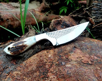 Handmade Custom Hoof Rasp steel Skinner Knife: Stag Antler Handle, Leather Sheath