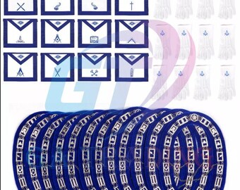 Blue Lodge Masonic Regalia Set: 12-Piece Officer Aprons, Collars & Gloves