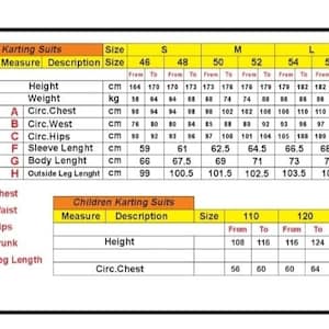 May include: A technical sizing chart for karting suits featuring a line drawing of a suit with labeled measurement points A through H. The chart displays height, weight, chest, waist, hips, sleeve, body, and leg length in cm for adult and children sizes.