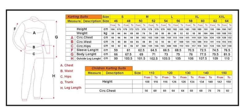 May include: A technical sizing chart for karting suits featuring a line drawing of a suit with labeled measurement points A through H. The chart displays height, weight, chest, waist, hips, sleeve, body, and leg length in cm for adult and children sizes.