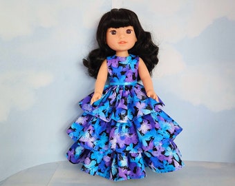 14.5 inch doll clothes handmade to fit Wellie doll - Purple/Blue Butterfly Ruffled Gown