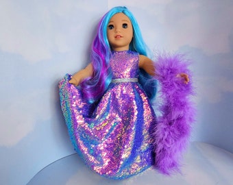 18 inch doll clothes handmade to fit the AG doll - Purple Iridescent Sequin Gown and Boa - #700