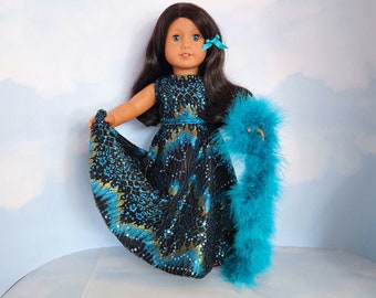 18 inch doll clothes handmade to fit American Girl doll - Black/Gold/Turquoise Lace Sequin Gown & Boa - #251
