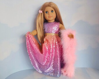 18 inch doll clothes handmade to fit American girl doll - Rainbow Sequin Gown and Boa - #203