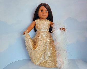 18 inch doll clothes handmade to fit the AG doll - Gold Sequin Gown and Boa - #709