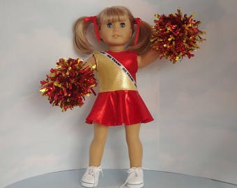 18 inch handmade doll clothes to fit American girl - Red/Gold Cheerleader Outfit with Red/Gold Pom Poms