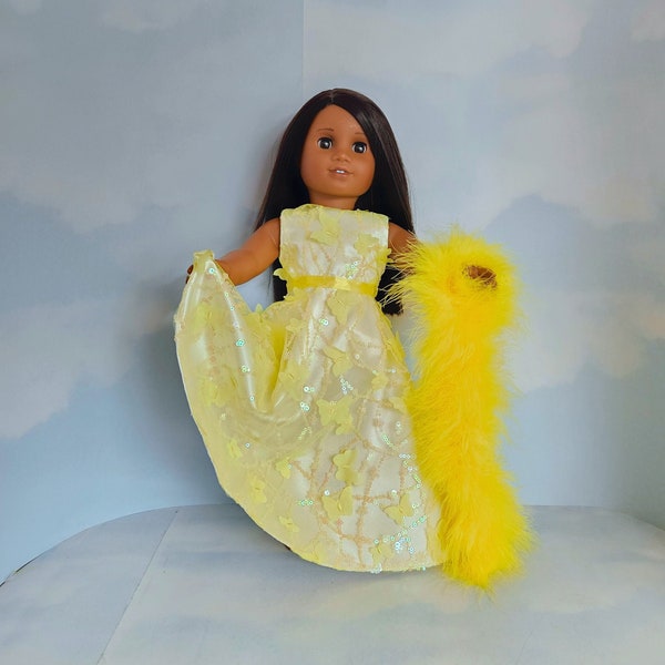 18 inch doll clothes handmade to fit AG doll - Yellow 3D Butterflies/Sequin Gown and Boa. #607