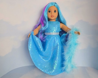 18 inch doll clothes handmade to fit the AG doll - Aqua Iridescent Sequin Gown and Boa - #514