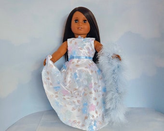 18 inch doll clothes handmade to fit AG doll - Blue/Pink 3D Petals/Sequin Gown and Boa. #509