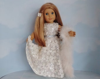 18 inch doll clothes handmade to fit the AG doll - Ivory/Silver Sequin Gown and Boa - #909