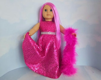 18 inch doll clothes handmade to fit the AG doll - Fushia Sequin Gown and Boa - #714