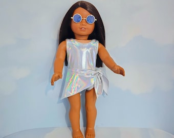 18 inch doll clothes handmade to fit AG doll - Silver Holographic Swimsuit, Sash and Sunglasses