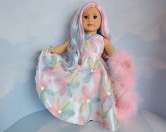 18 inch doll clothes handmade to fit AG doll - Rainbow Chiffon Floral Gown and Boa #204