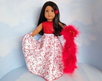 18 inch doll clothes handmade to fit AG doll - Red/White Valentine Gown and Boa # 310