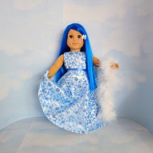 18 inch doll clothes handmade to fit american girl - Blue Floral Sequin Gown and Boa - #508