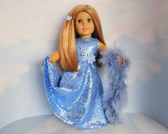 18 inch doll clothes handmade to fit american girl doll - Periwinkle Sequin Gown and Boa  #235