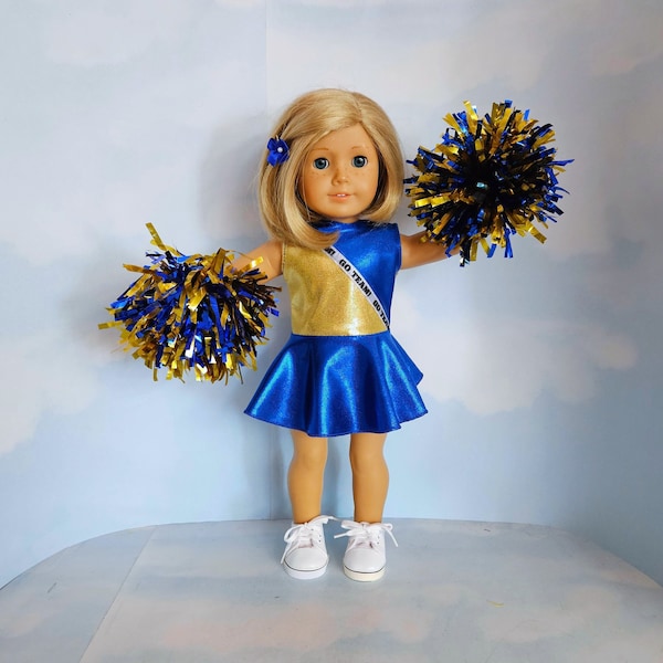 18 inch doll clothes handmade to fit AG doll - Blue/Gold Cheerleader Outfit with Blue/Gold Pom Poms