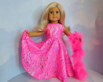 18 inch doll clothes handmade to fit AG doll - Neon Pink Lace Gown & Boa #205