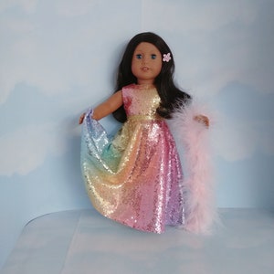 18 inch doll clothes handmade to fit American girl doll - Rainbow Sequin Gown and Boa - #203