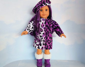 18 inch doll clothes handmade to fit AG doll - Purple/White Leopard Coat/Hat/Boots