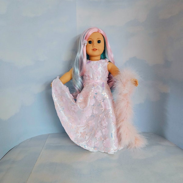 18 inch doll clothes handmade to fit AG doll - Pastel Pink 3D Petals/Sequin Gown and Boa. #208