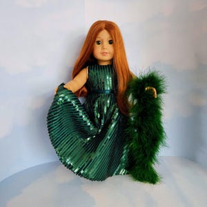 Dark Forest Green Sequin Gown & Boa/handmade/American girl/18 inch doll clothes