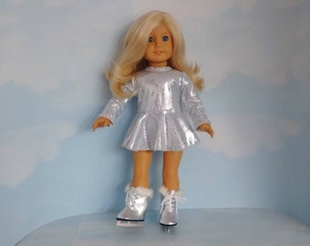 18 inch doll clothes handmade to fit American girl doll - Silver Ice Skating Outfit and Silver Skates