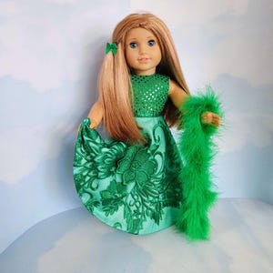 Green Sequin Embroidered Gown and Boa/handmade/American girl/18 inch doll