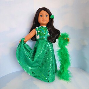 Green Sequin Embroidered Gown and Boa/handmade/American girl/18 inch doll