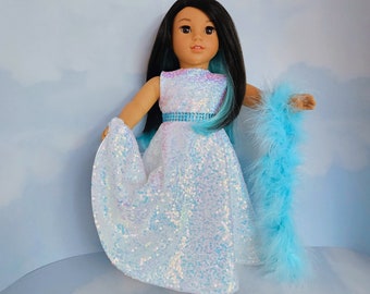 18 inch doll clothes handmade to fit AG doll - White Iridescent Sequin Gown and Boa  #800