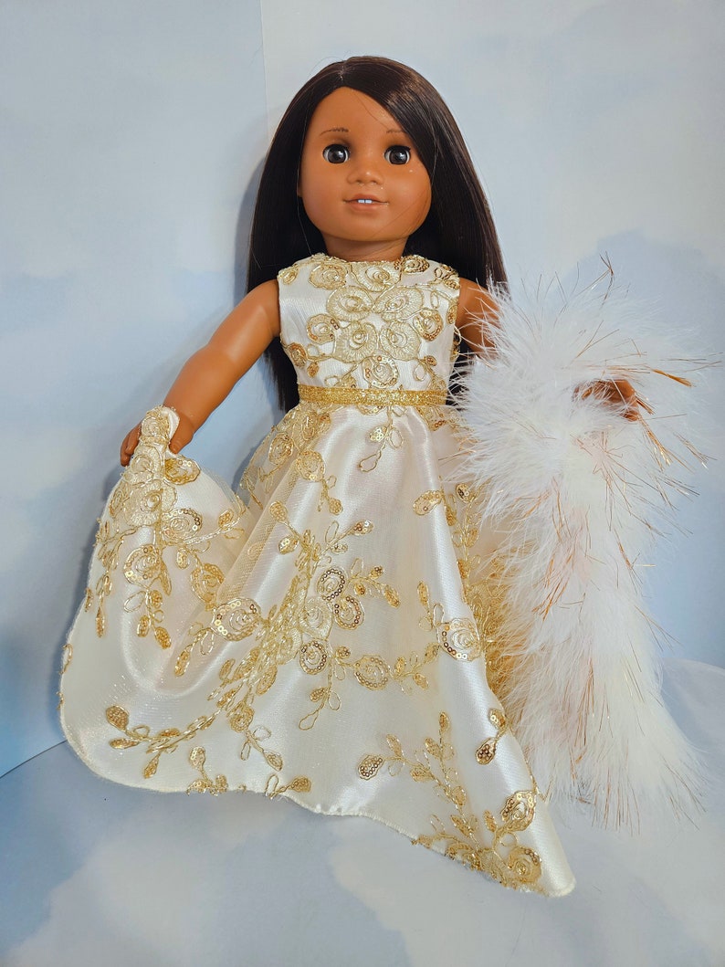 18 inch doll clothes handmade to fit AG doll Gold Sequin Gown and Boa 906 image 2