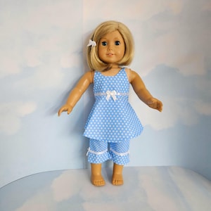 Blue/White Polka Dot Capri Outfit/handmade/American girl/18 inch doll - #157