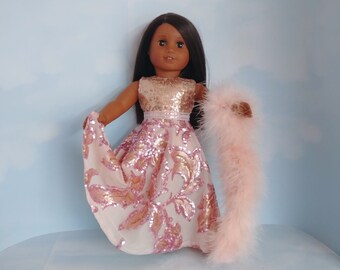 18 inch doll clothes handmade to fit AG doll - Rose Gold Floral Sequin Gown and Boa #239