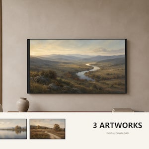May include: A framed landscape wall art print featuring a winding river through a valley at sunset, with two additional smaller landscape prints below and the text 3 ARTWORKS DIGITAL DOWNLOAD printed in black on a light background.