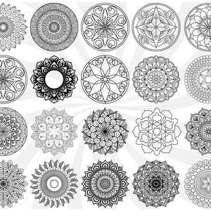 Pode incluir: Uma coleção de vinte desenhos de mandalas em preto e branco, cada um com padrões circulares intrincados. As mandalas variam em detalhes, apresentando elementos florais, geométricos e simétricos, perfeitos para colorir ou decorar.
