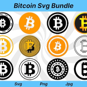 May include: A set of 10 Bitcoin logo SVG files in various styles. The logos feature a black and white Bitcoin symbol on a yellow, orange, or black background. The logos are perfect for use in digital designs, websites, and social media.
