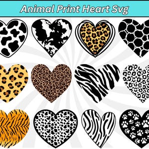 Puede incluir: Una colección de diseños en forma de corazón con varios estampados de animales, incluyendo vaca, leopardo, cebra, jirafa, tigre y huellas de patas. Los diseños son en blanco y negro, con algunos acentos marrones y naranjas. El texto "Animal Print Heart Svg" está en la parte superior.