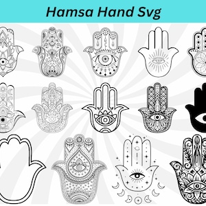 Peut inclure: Un ensemble de 12 designs SVG de main de Hamsa en noir et blanc. Les designs présentent divers motifs et détails, notamment le mauvais œil, des motifs floraux et des formes géométriques.