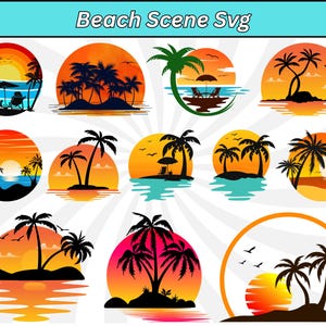 May include: A collection of colorful beach scene SVG designs. Each design features a sunset or sunrise with palm trees, water, and birds. The designs are in a circular format with vibrant orange, yellow, and blue hues. The text "Beach Scene Svg" is at the top.
