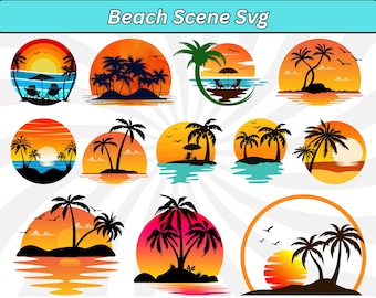 May include: A collection of colorful beach scene SVG designs. Each design features a sunset or sunrise with palm trees, water, and birds. The designs are in a circular format with vibrant orange, yellow, and blue hues. The text "Beach Scene Svg" is at the top.