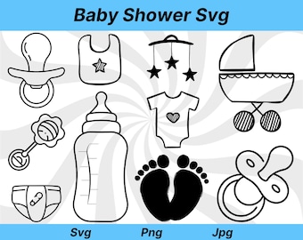 May include: A set of black and white baby shower SVG cut files. The set includes a baby bottle, a rattle, a pacifier, a baby onesie, a baby carriage, a baby mobile, a diaper, and a pair of baby footprints.