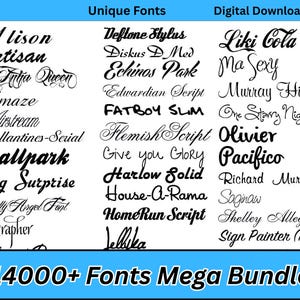 Pode incluir: Um download digital de mais de 14.000 fontes únicas. A imagem mostra uma variedade de estilos de fontes, incluindo fontes cursivas, negrito e de escrita. As fontes são exibidas em texto preto sobre um fundo branco.