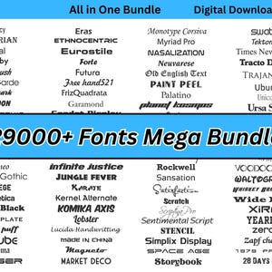 May include: A blue and white graphic with the text "29000+ Fonts Mega Bundle" in black. The graphic lists over 100 different font names in black text on a white background.