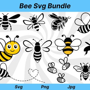 Può includere: Un set di 10 file di taglio SVG di api nere e gialle. Le api sono in varie pose, tra cui volare, sedersi e tenere un cuore. Il testo "Bee Svg Bundle" è nella parte superiore dell'immagine. Le parole "Svg", "Png" e "Jpg" sono nella parte inferiore dell'immagine.