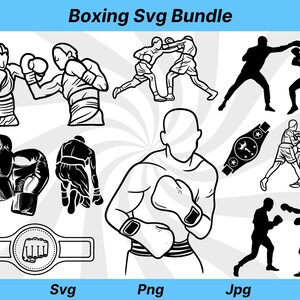 May include: A black and white digital illustration bundle of boxing themed SVG files. The bundle includes images of boxers, boxing gloves, and a championship belt. The text "Boxing Svg Bundle" is at the top of the image.
